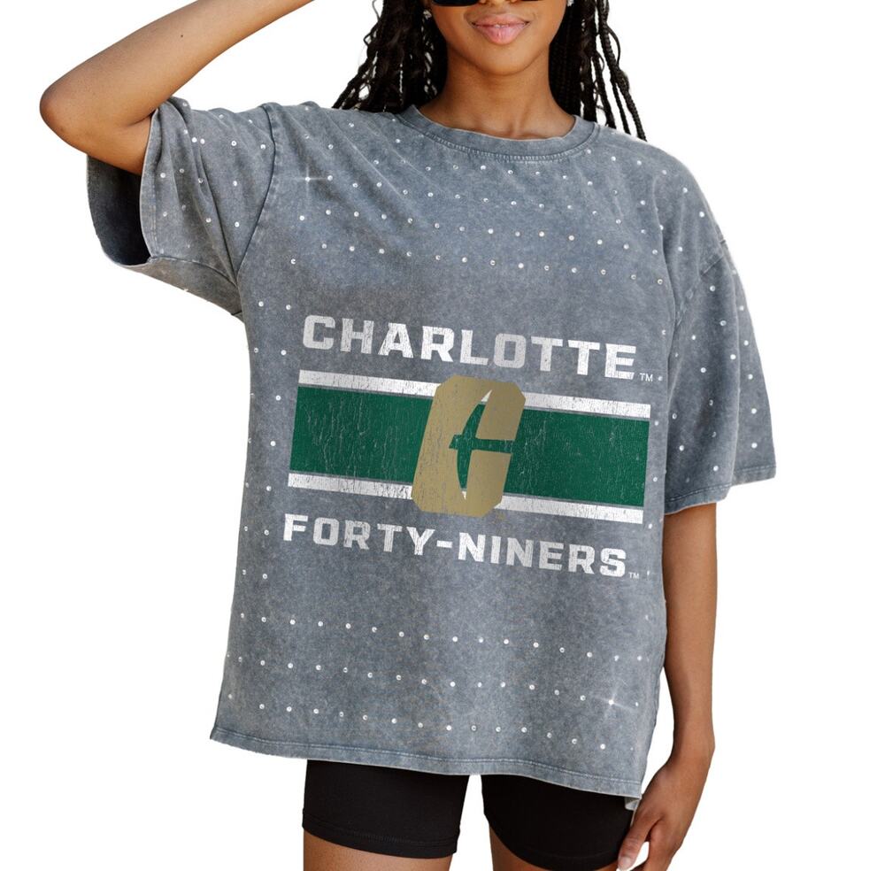 NWT Game Day Couture Charlotte 49 Forty-Niners Grey Rhinestone Oversize T-Shirt